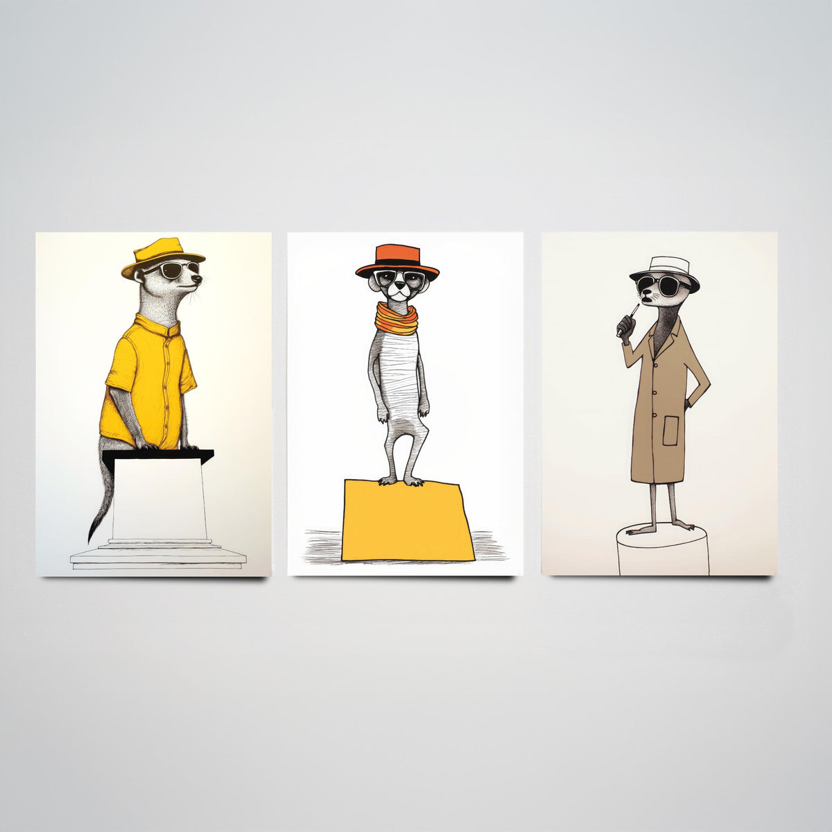 Dapper Meerkats Set of Three Art Prints - Meerkats in Hats and Sunglasses - Quirky Line Drawing Poster