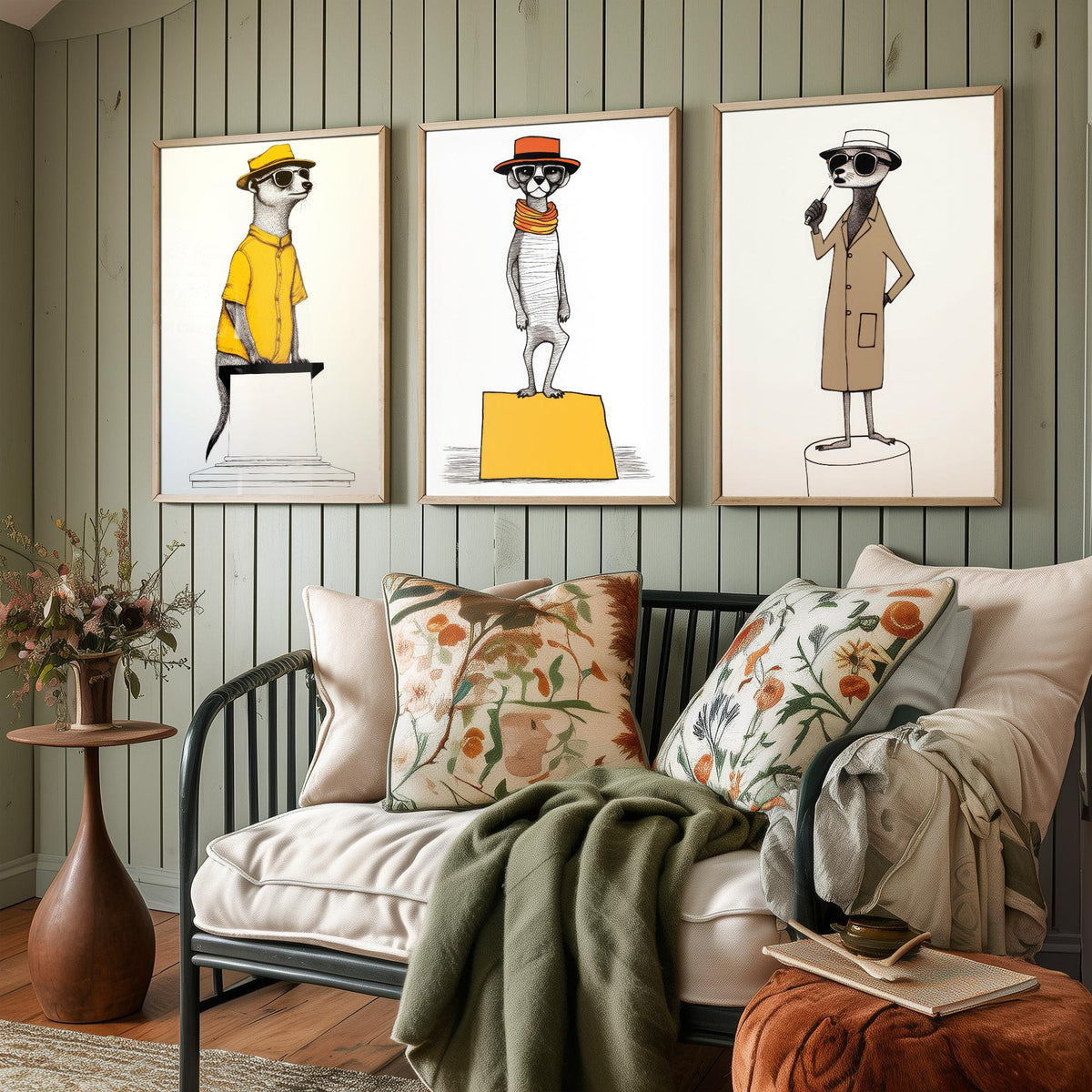 Dapper Meerkats Set of Three Art Prints - Meerkats in Hats and Sunglasses - Quirky Line Drawing Poster