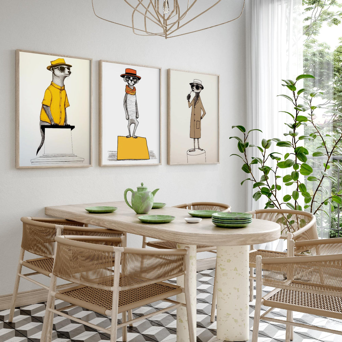 Dapper Meerkats Set of Three Art Prints - Meerkats in Hats and Sunglasses - Quirky Line Drawing Poster