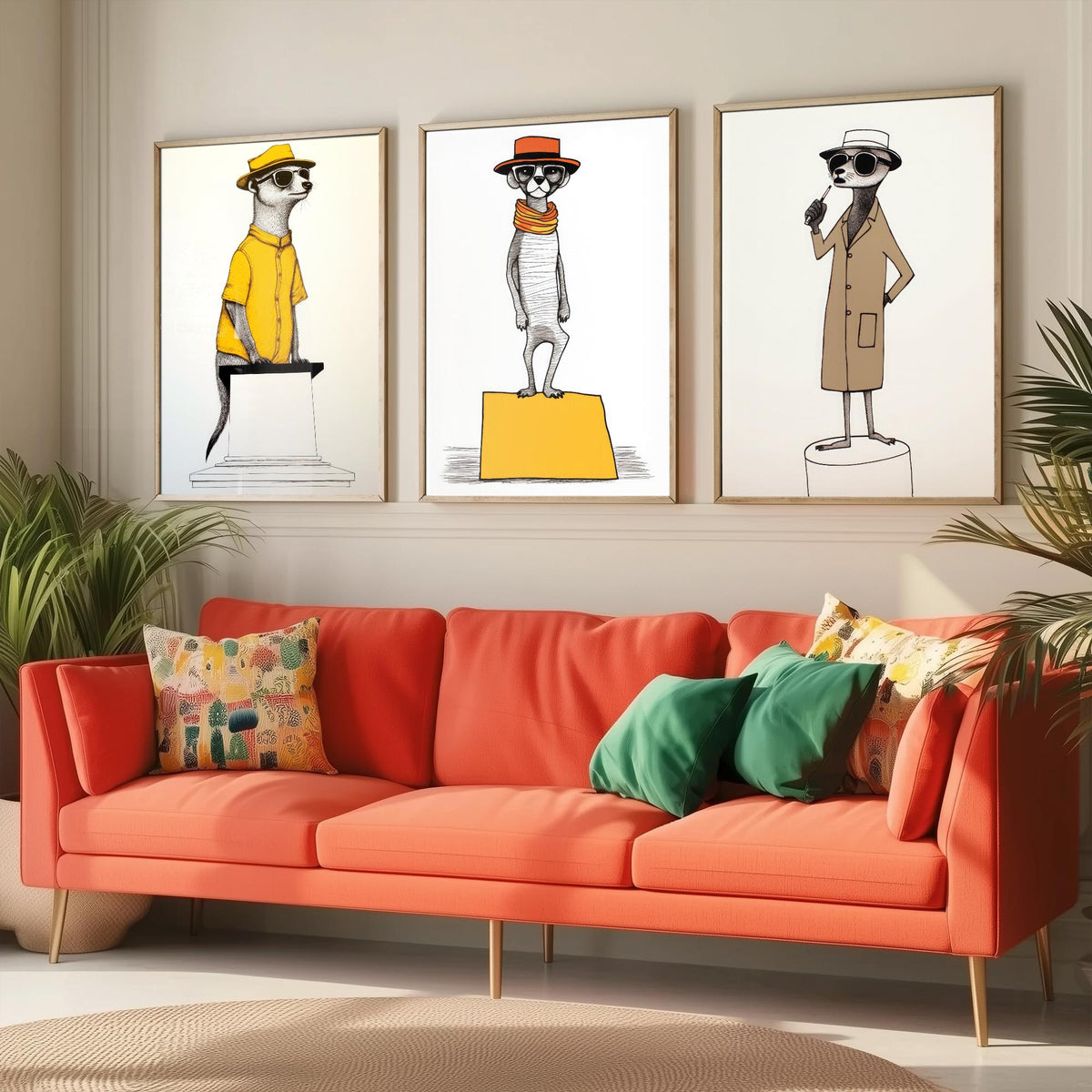 Dapper Meerkats Set of Three Art Prints - Meerkats in Hats and Sunglasses - Quirky Line Drawing Poster