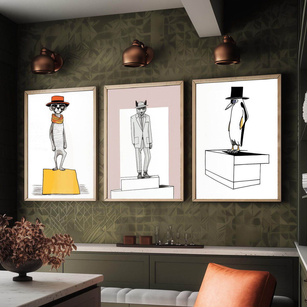 Dapper Animals Set of Three Art Prints - Meerkat, Wolf, Penguin - Quirky Line Drawing Poster