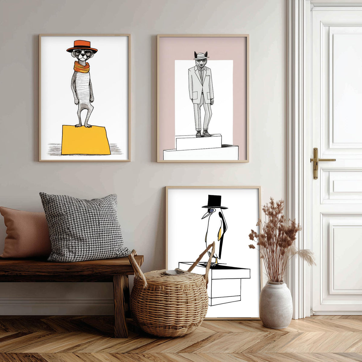 Dapper Animals Set of Three Art Prints - Meerkat, Wolf, Penguin - Quirky Line Drawing Poster