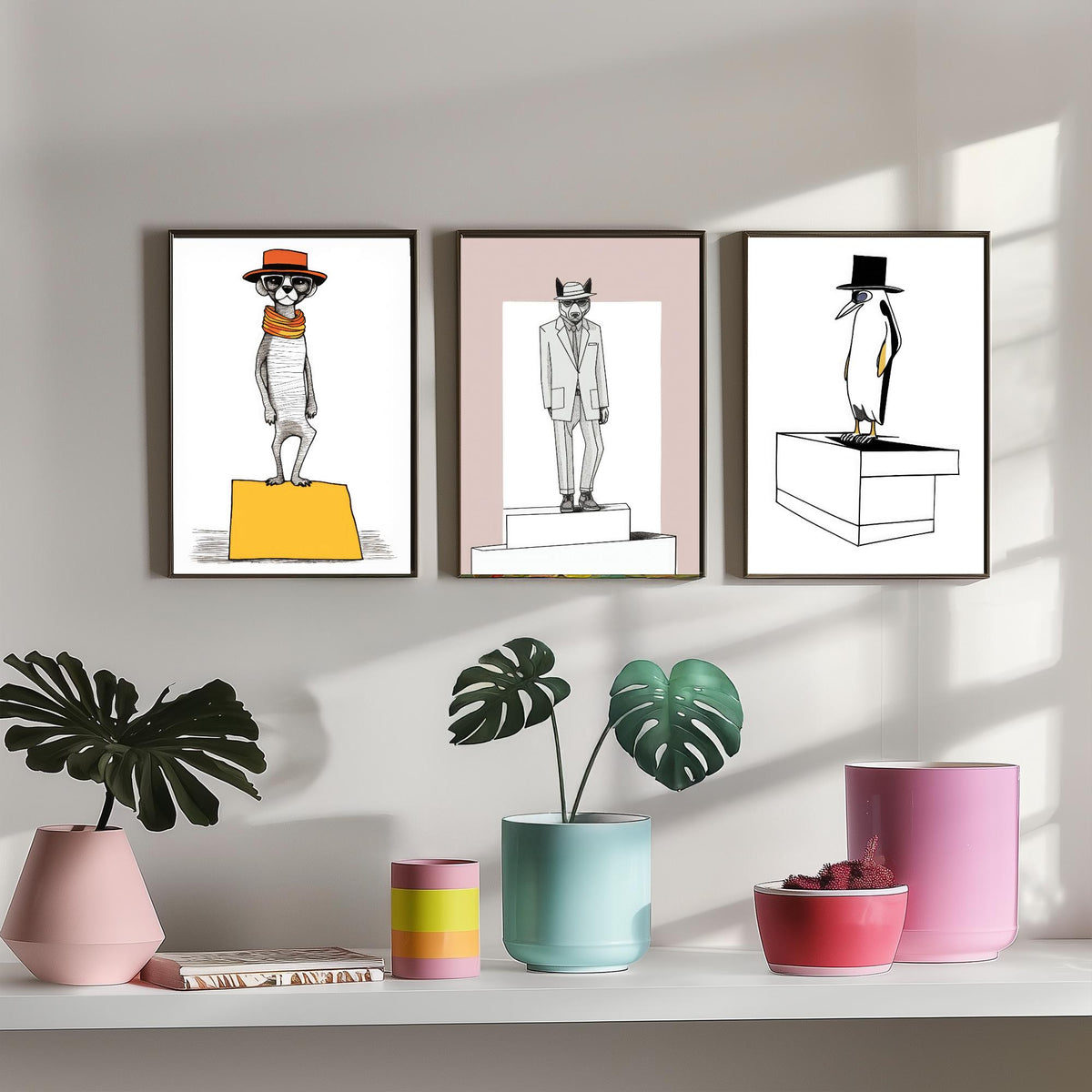 Dapper Animals Set of Three Art Prints - Meerkat, Wolf, Penguin - Quirky Line Drawing Poster