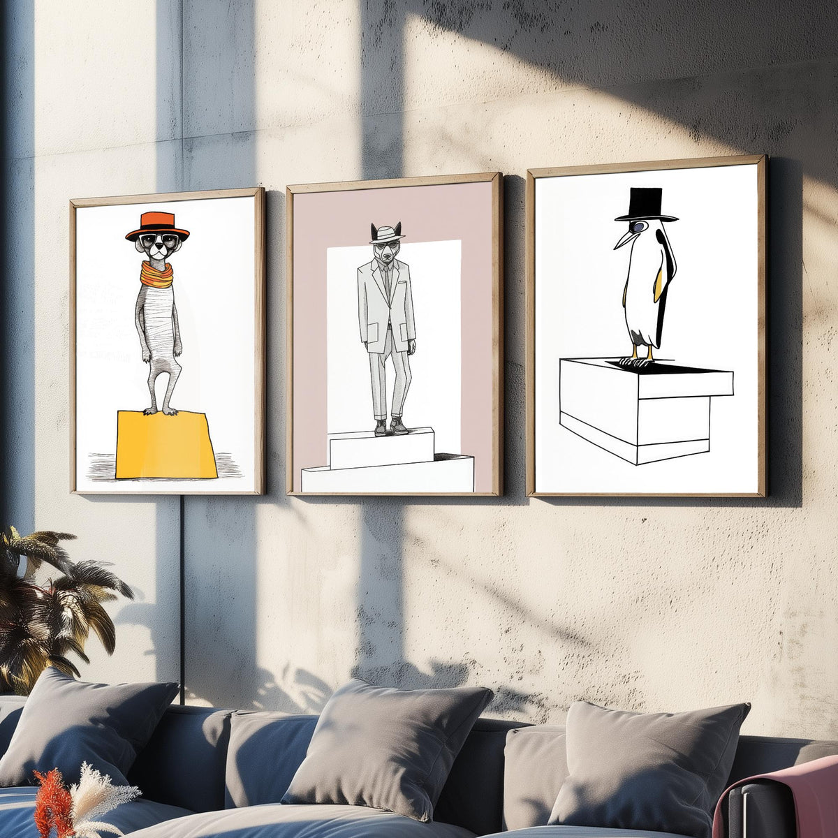 Dapper Animals Set of Three Art Prints - Meerkat, Wolf, Penguin - Quirky Line Drawing Poster