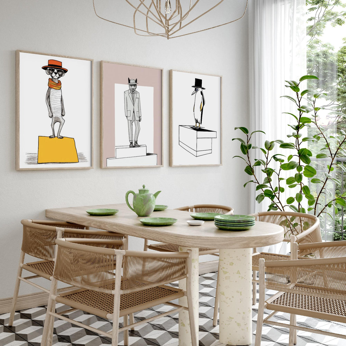 Dapper Animals Set of Three Art Prints - Meerkat, Wolf, Penguin - Quirky Line Drawing Poster