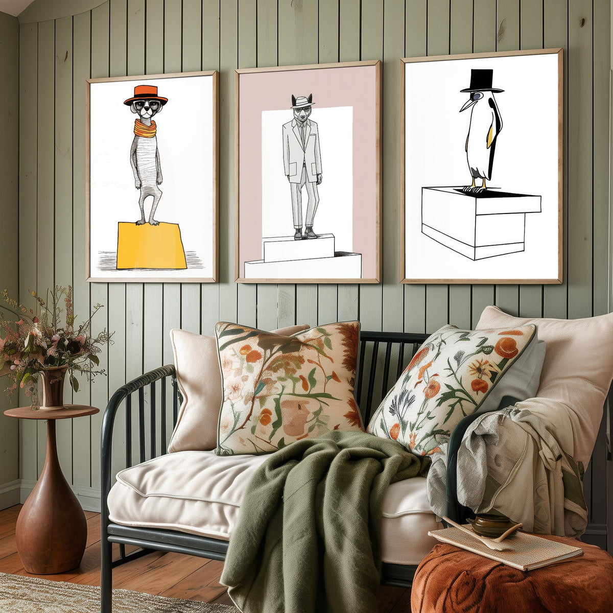 Dapper Animals Set of Three Art Prints - Meerkat, Wolf, Penguin - Quirky Line Drawing Poster