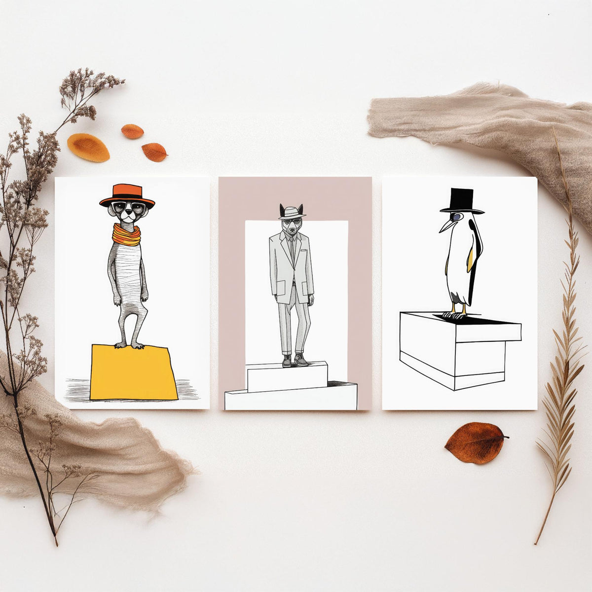 Dapper Animals Set of Three Art Prints - Meerkat, Wolf, Penguin - Quirky Line Drawing Poster
