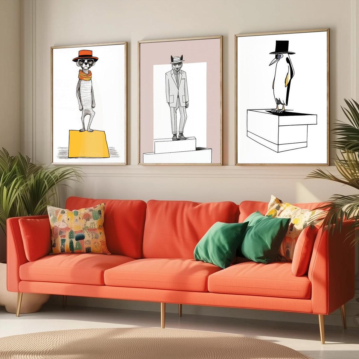 Dapper Animals Set of Three Art Prints - Meerkat, Wolf, Penguin - Quirky Line Drawing Poster