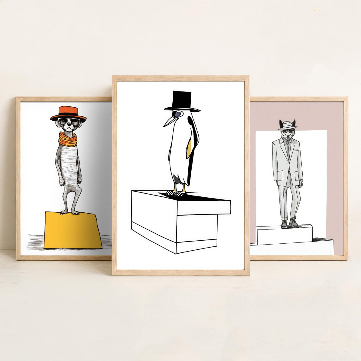 Dapper Animals Set of Three Art Prints - Meerkat, Wolf, Penguin - Quirky Line Drawing Poster