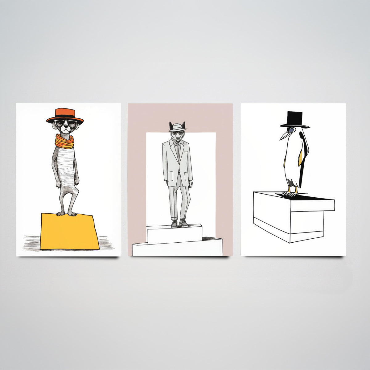 Dapper Animals Set of Three Art Prints - Meerkat, Wolf, Penguin - Quirky Line Drawing Poster