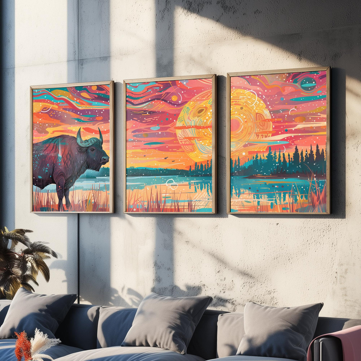 American Buffalo Set of Three Art Prints - 3 Bison Landscape Posters - Boho Sunset Wildlife Painting Gift Decor