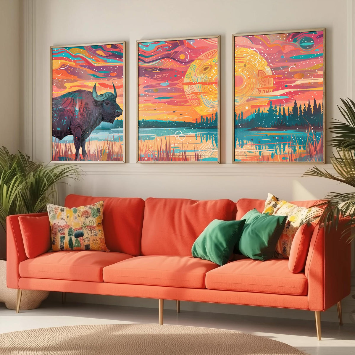 American Buffalo Set of Three Art Prints - 3 Bison Landscape Posters - Boho Sunset Wildlife Painting Gift Decor