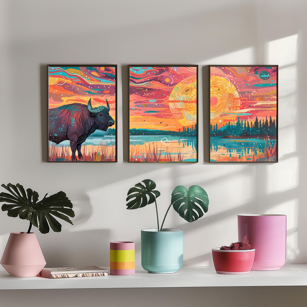 American Buffalo Set of Three Art Prints - 3 Bison Landscape Posters - Boho Sunset Wildlife Painting Gift Decor