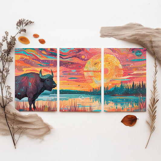 American Buffalo Set of Three Art Prints - 3 Bison Landscape Posters - Boho Sunset Wildlife Painting Gift Decor