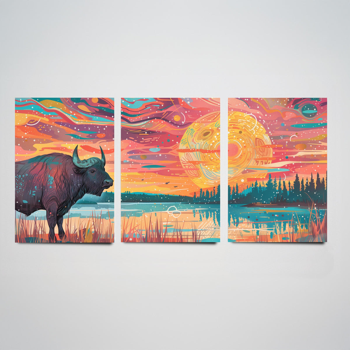 American Buffalo Set of Three Art Prints - 3 Bison Landscape Posters - Boho Sunset Wildlife Painting Gift Decor