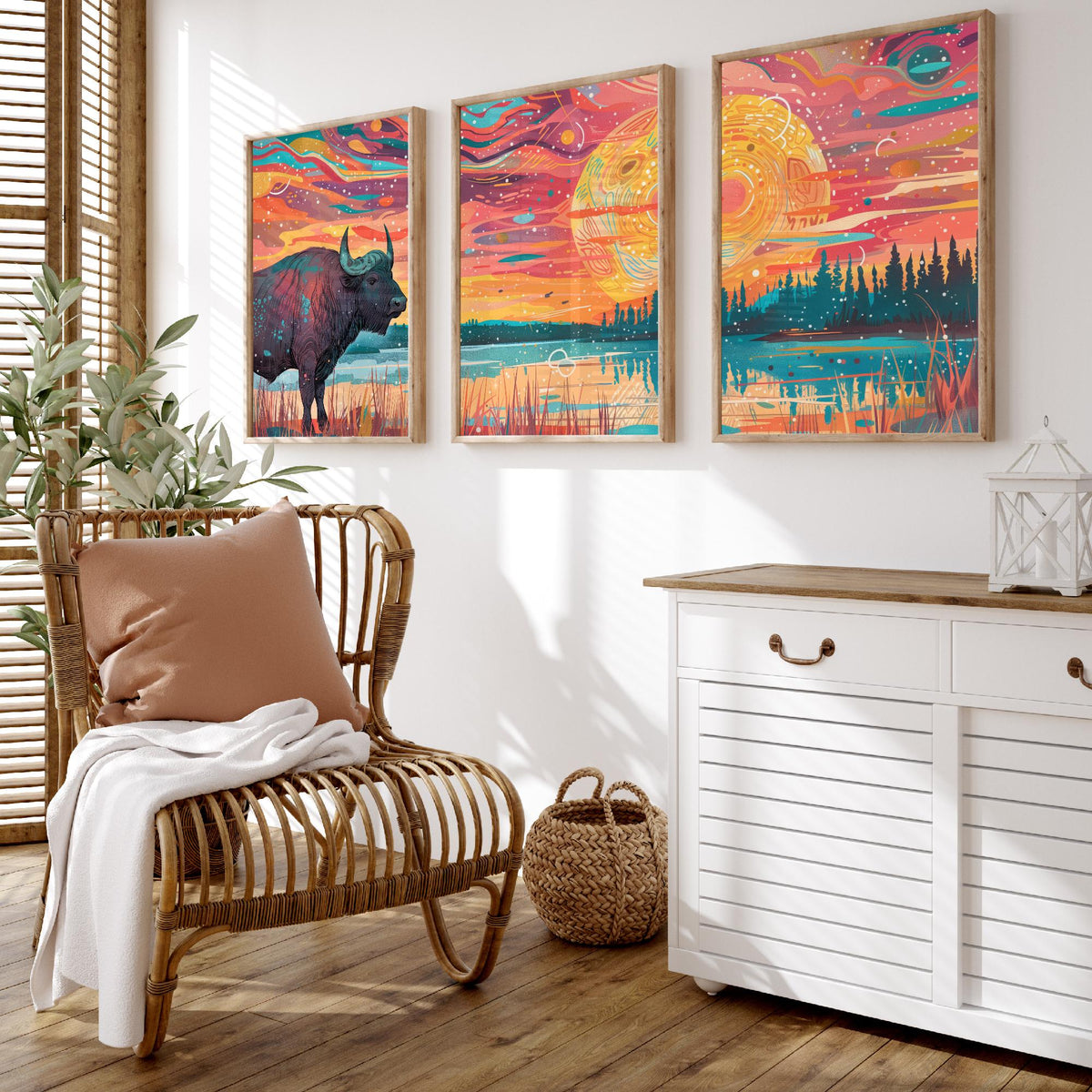 American Buffalo Set of Three Art Prints - 3 Bison Landscape Posters - Boho Sunset Wildlife Painting Gift Decor