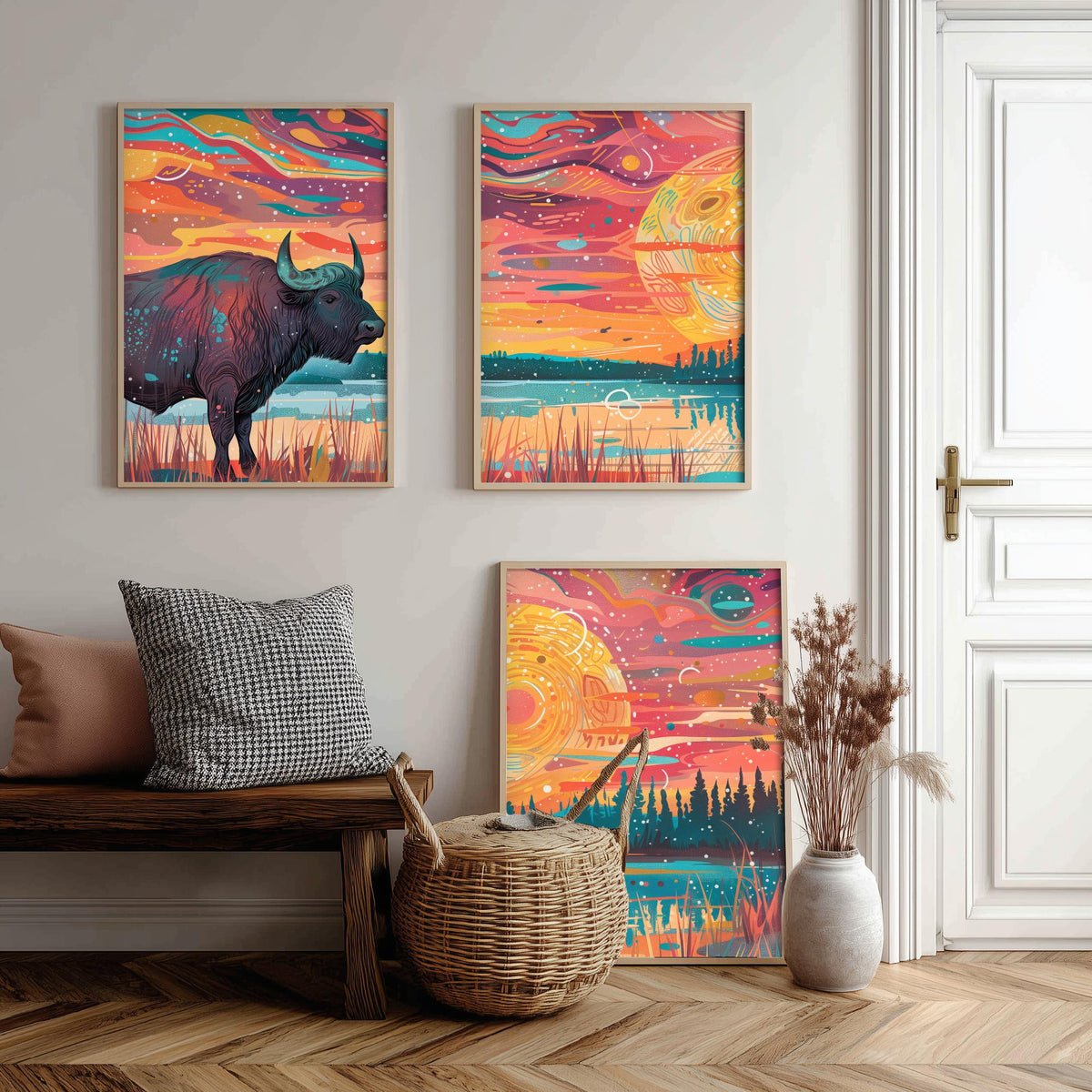 American Buffalo Set of Three Art Prints - 3 Bison Landscape Posters - Boho Sunset Wildlife Painting Gift Decor