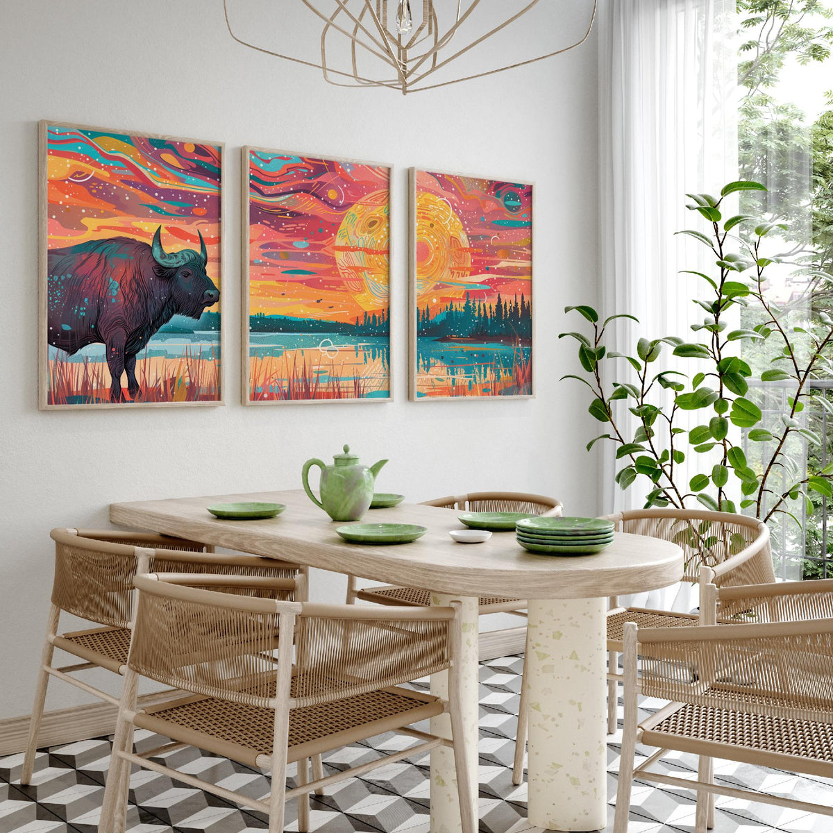 American Buffalo Set of Three Art Prints - 3 Bison Landscape Posters - Boho Sunset Wildlife Painting Gift Decor