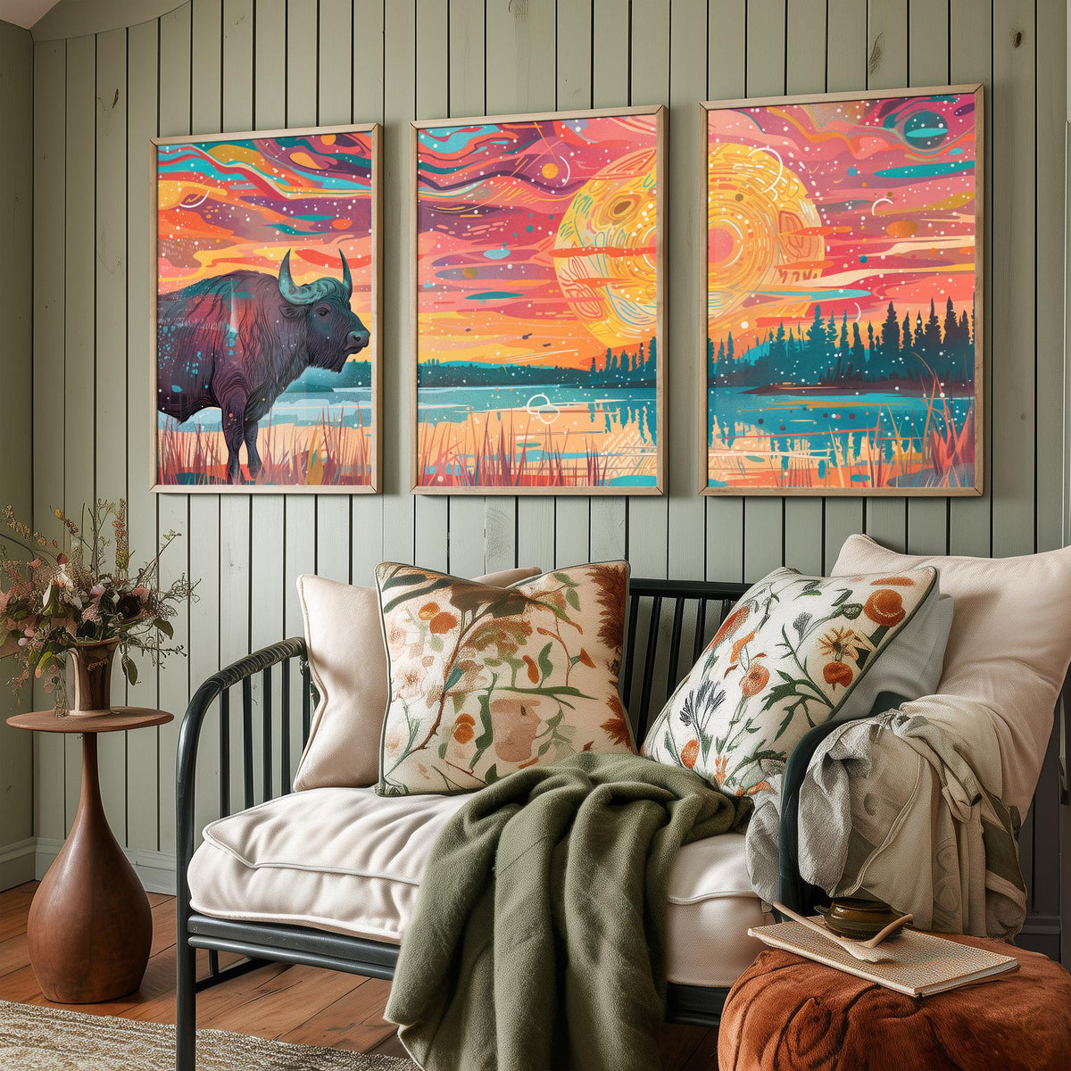 American Buffalo Set of Three Art Prints - 3 Bison Landscape Posters - Boho Sunset Wildlife Painting Gift Decor