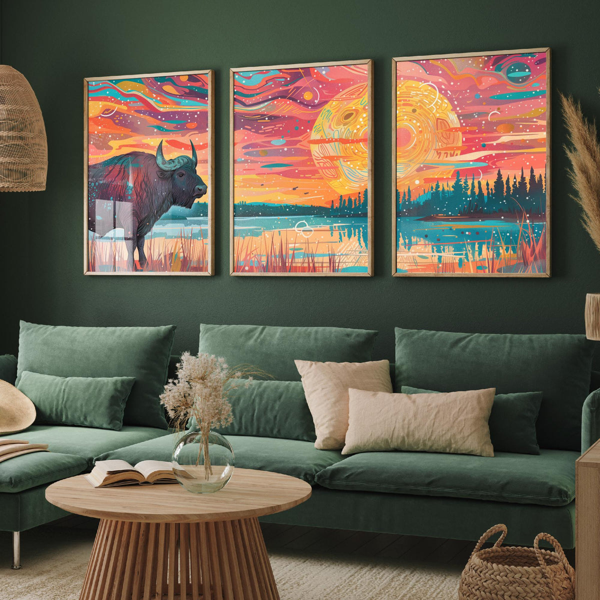 American Buffalo Set of Three Art Prints - 3 Bison Landscape Posters - Boho Sunset Wildlife Painting Gift Decor