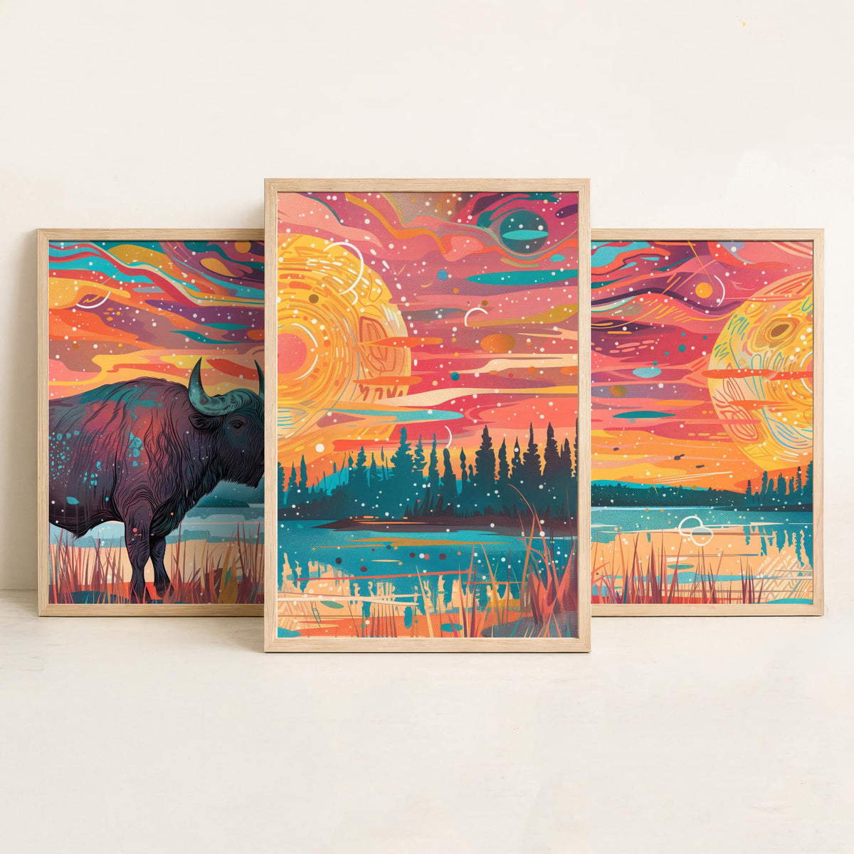 American Buffalo Set of Three Art Prints - 3 Bison Landscape Posters - Boho Sunset Wildlife Painting Gift Decor