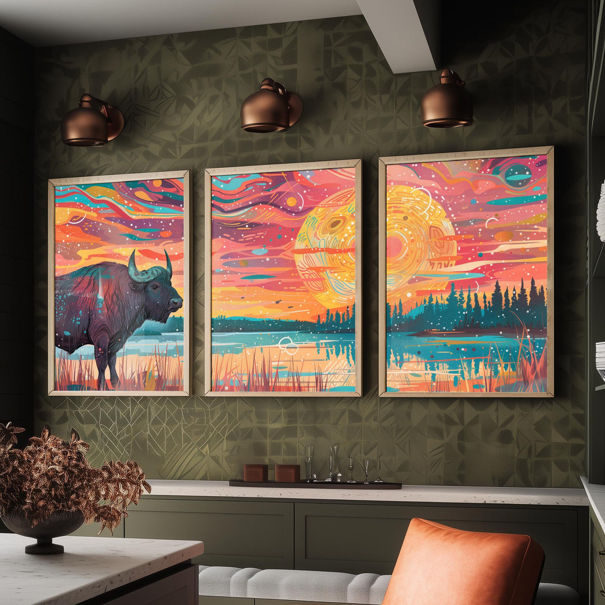 American Buffalo Set of Three Art Prints - 3 Bison Landscape Posters - Boho Sunset Wildlife Painting Gift Decor