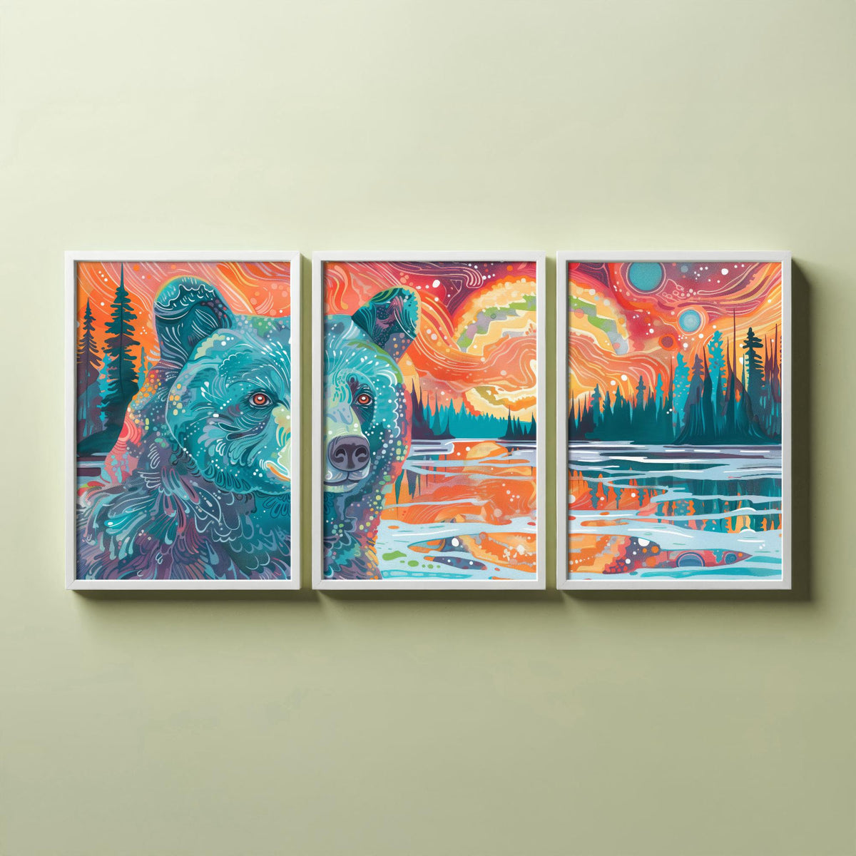 Bohemian Bear Set of Three Art Prints - 3 Bear Landscape Posters - Forest Lake Sunset Wildlife Painting Decor