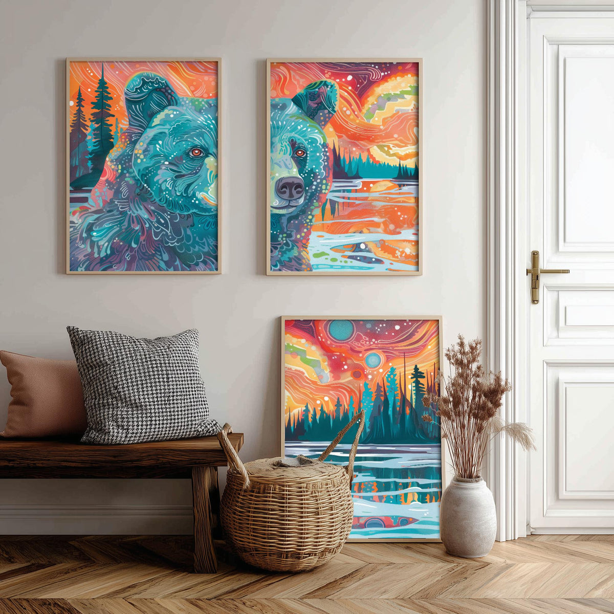 Bohemian Bear Set of Three Art Prints - 3 Bear Landscape Posters - Forest Lake Sunset Wildlife Painting Decor
