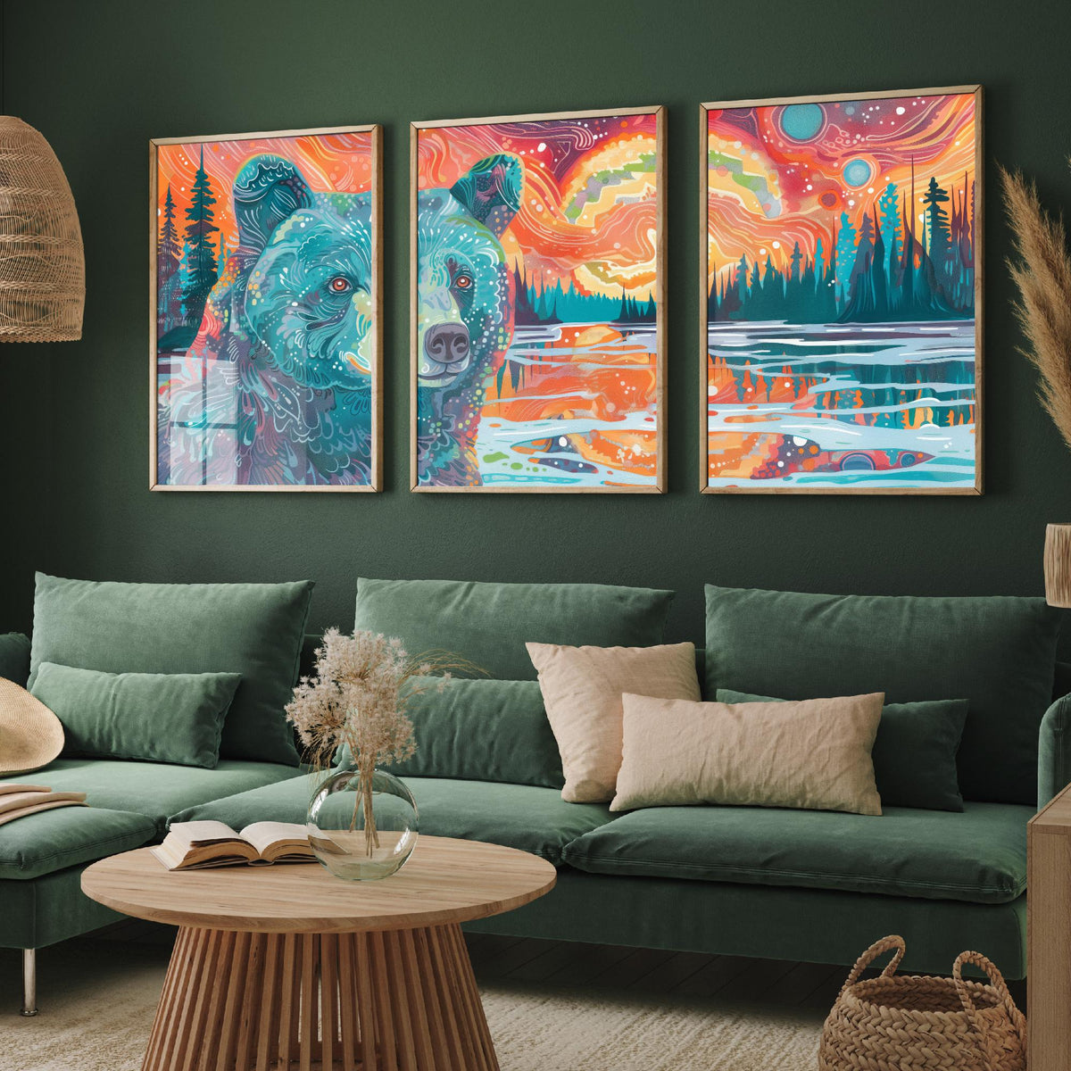 Bohemian Bear Set of Three Art Prints - 3 Bear Landscape Posters - Forest Lake Sunset Wildlife Painting Decor