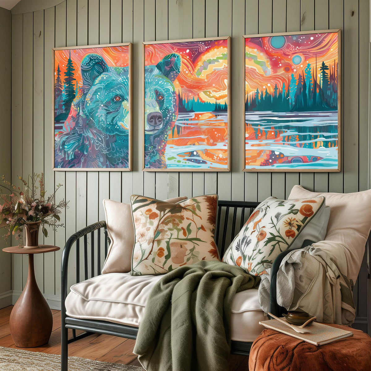 Bohemian Bear Set of Three Art Prints - 3 Bear Landscape Posters - Forest Lake Sunset Wildlife Painting Decor