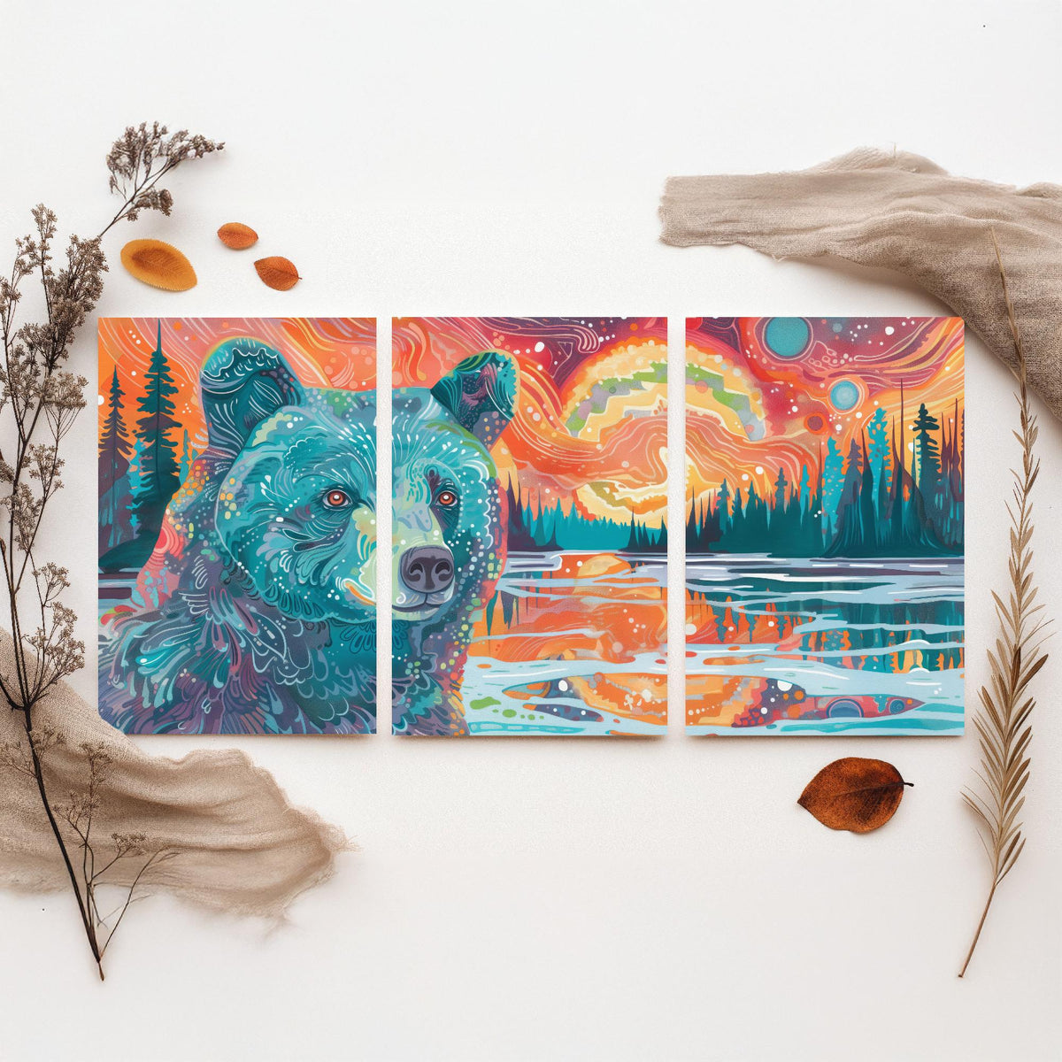 Bohemian Bear Set of Three Art Prints - 3 Bear Landscape Posters - Forest Lake Sunset Wildlife Painting Decor