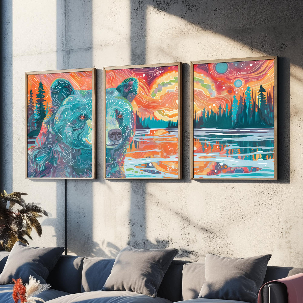 Bohemian Bear Set of Three Art Prints - 3 Bear Landscape Posters - Forest Lake Sunset Wildlife Painting Decor