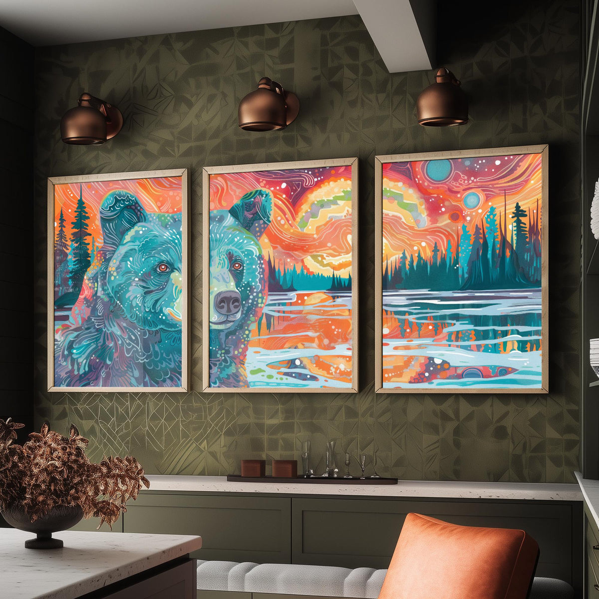 Bohemian Bear Set of Three Art Prints - 3 Bear Landscape Posters - Forest Lake Sunset Wildlife Painting Decor