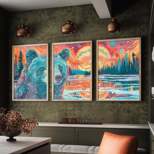 Bohemian Bear Set of Three Art Prints - 3 Bear Landscape Posters - Forest Lake Sunset Wildlife Painting Decor