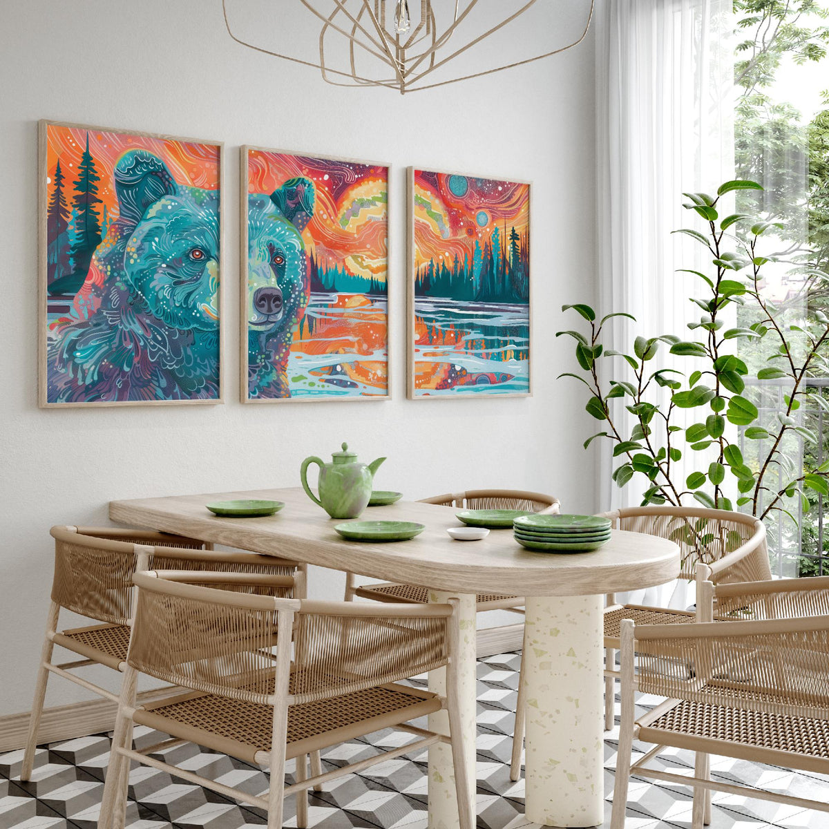 Bohemian Bear Set of Three Art Prints - 3 Bear Landscape Posters - Forest Lake Sunset Wildlife Painting Decor