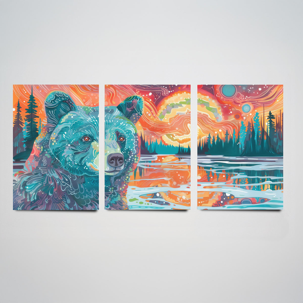 Bohemian Bear Set of Three Art Prints - 3 Bear Landscape Posters - Forest Lake Sunset Wildlife Painting Decor