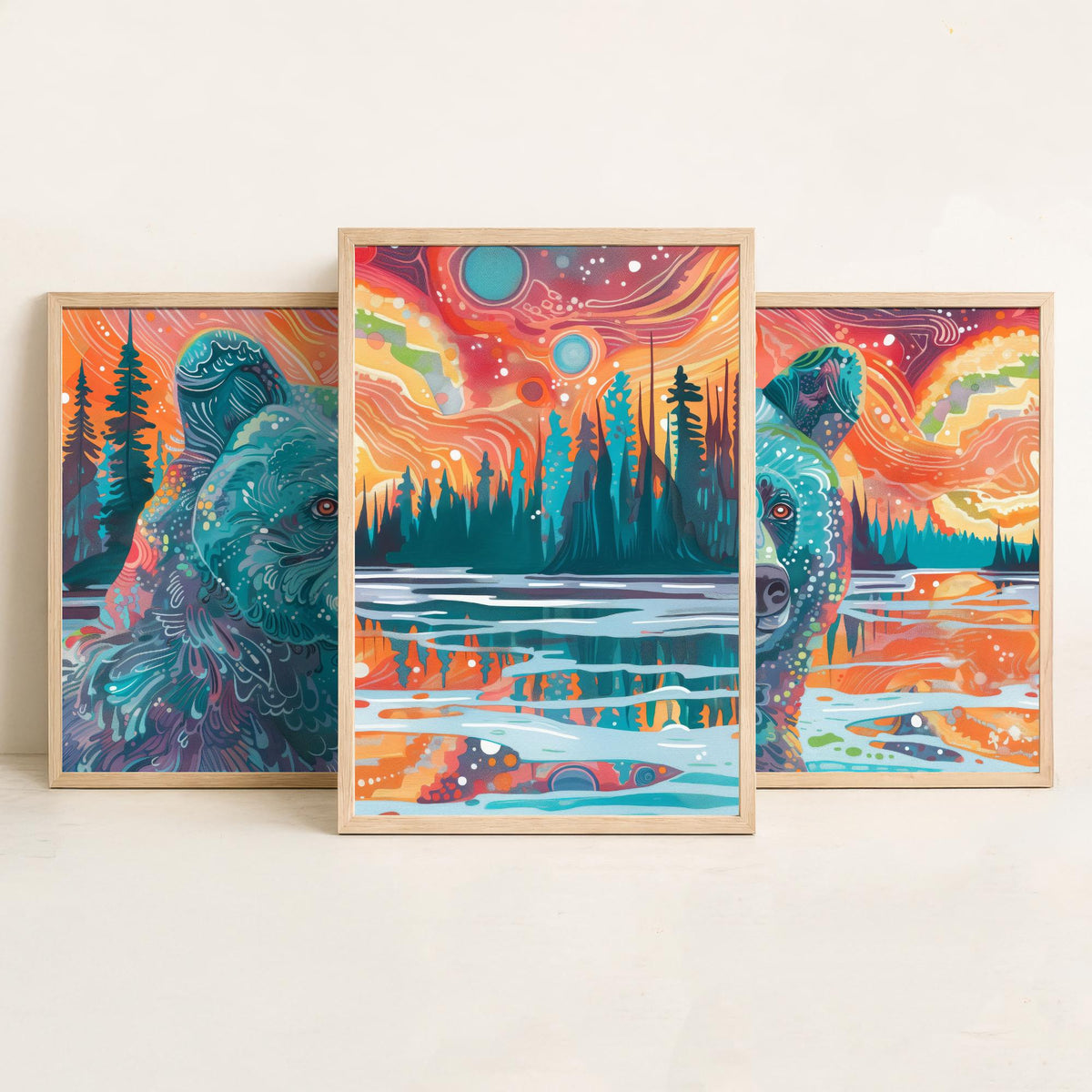 Bohemian Bear Set of Three Art Prints - 3 Bear Landscape Posters - Forest Lake Sunset Wildlife Painting Decor