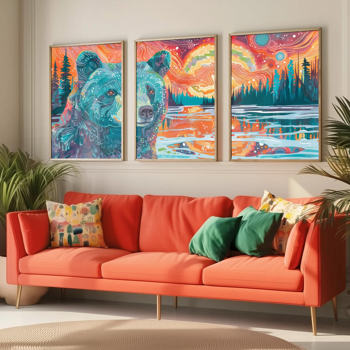Bohemian Bear Set of Three Art Prints - 3 Bear Landscape Posters - Forest Lake Sunset Wildlife Painting Decor