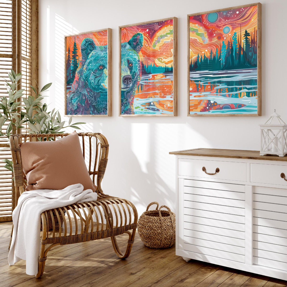 Bohemian Bear Set of Three Art Prints - 3 Bear Landscape Posters - Forest Lake Sunset Wildlife Painting Decor