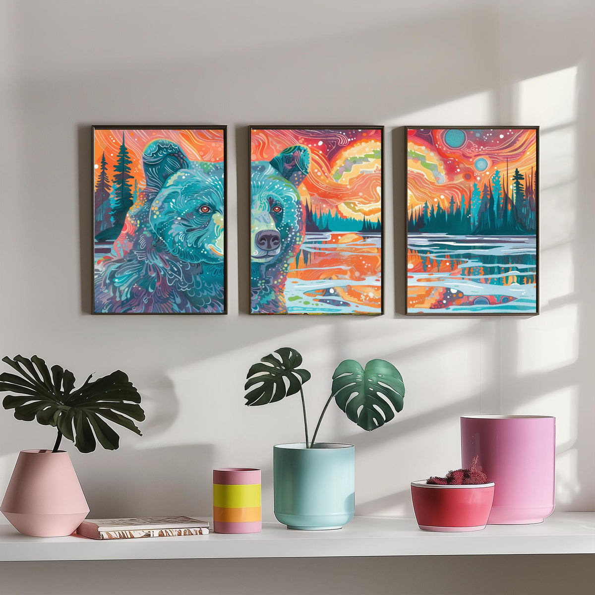 Bohemian Bear Set of Three Art Prints - 3 Bear Landscape Posters - Forest Lake Sunset Wildlife Painting Decor