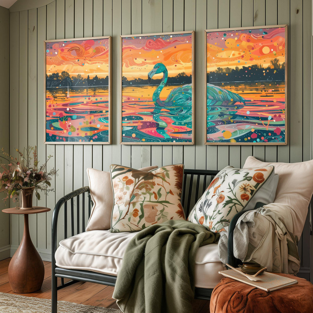 Teal Flamingo Set of Three Art Prints - 3 Bird Lake Sunset Posters - Turquoise Coral Boho Wildlife Painting Decor