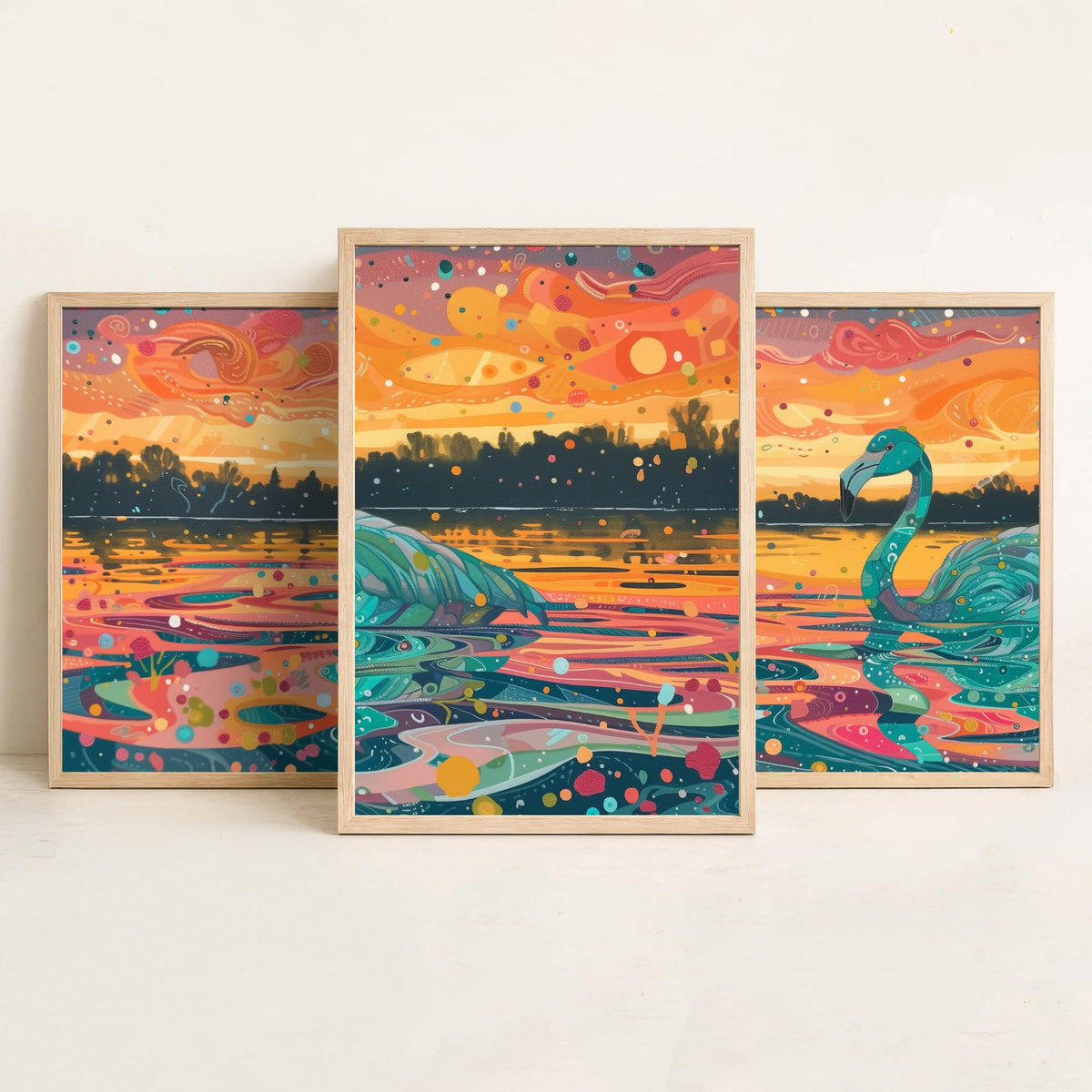 Teal Flamingo Set of Three Art Prints - 3 Bird Lake Sunset Posters - Turquoise Coral Boho Wildlife Painting Decor