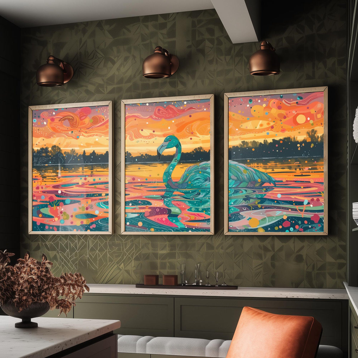Teal Flamingo Set of Three Art Prints - 3 Bird Lake Sunset Posters - Turquoise Coral Boho Wildlife Painting Decor
