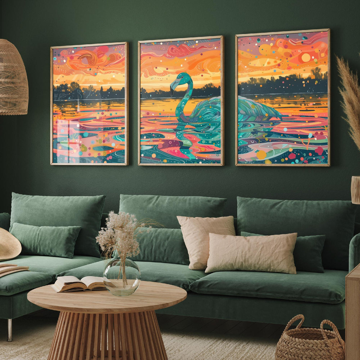Teal Flamingo Set of Three Art Prints - 3 Bird Lake Sunset Posters - Turquoise Coral Boho Wildlife Painting Decor