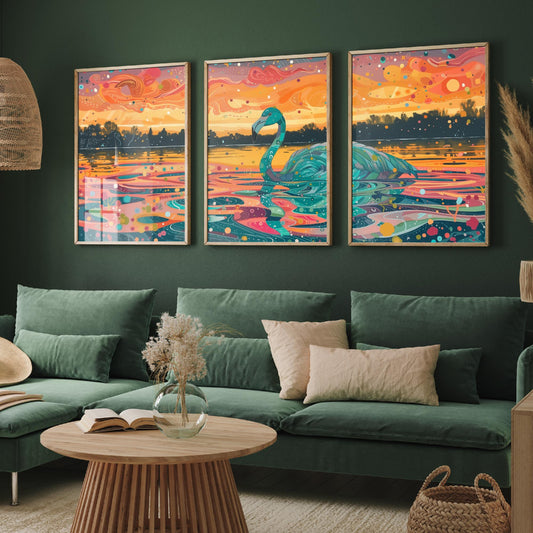 Teal Flamingo Set of Three Art Prints - 3 Bird Lake Sunset Posters - Turquoise Coral Boho Wildlife Painting Decor