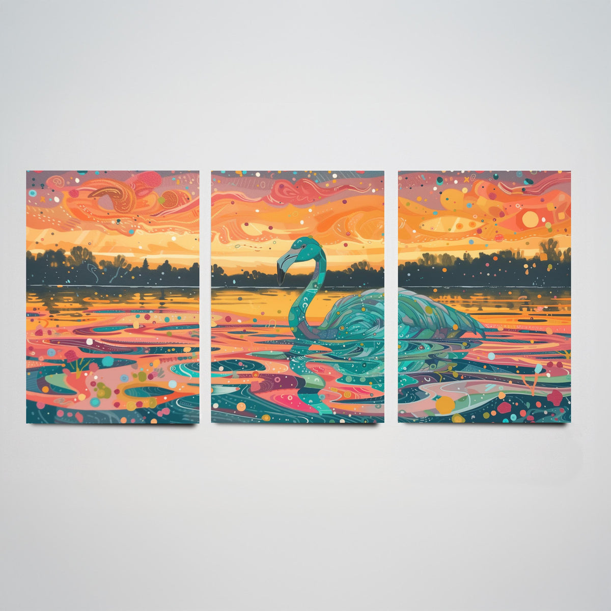 Teal Flamingo Set of Three Art Prints - 3 Bird Lake Sunset Posters - Turquoise Coral Boho Wildlife Painting Decor