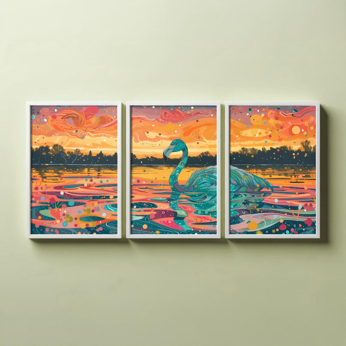 Teal Flamingo Set of Three Art Prints - 3 Bird Lake Sunset Posters - Turquoise Coral Boho Wildlife Painting Decor