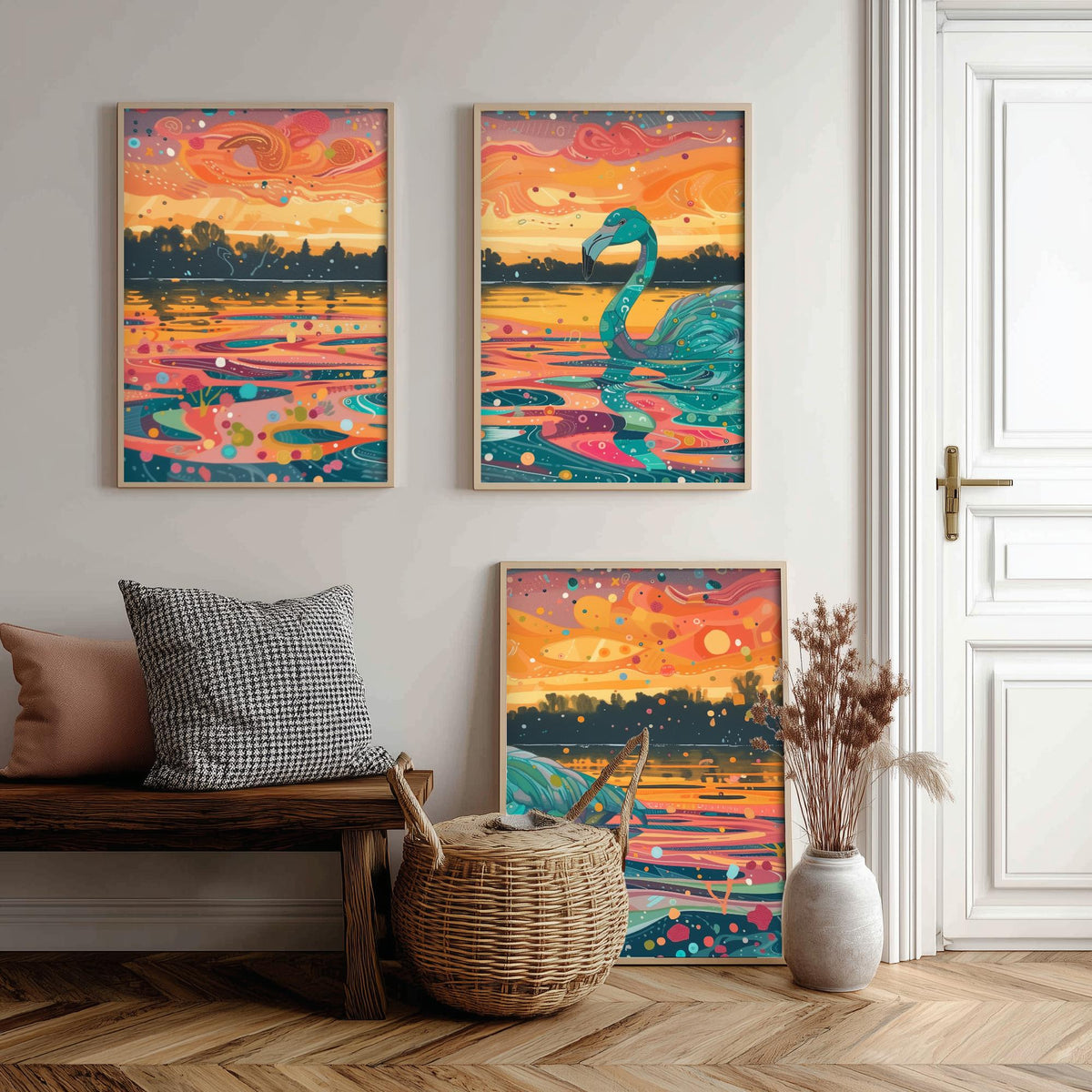 Teal Flamingo Set of Three Art Prints - 3 Bird Lake Sunset Posters - Turquoise Coral Boho Wildlife Painting Decor