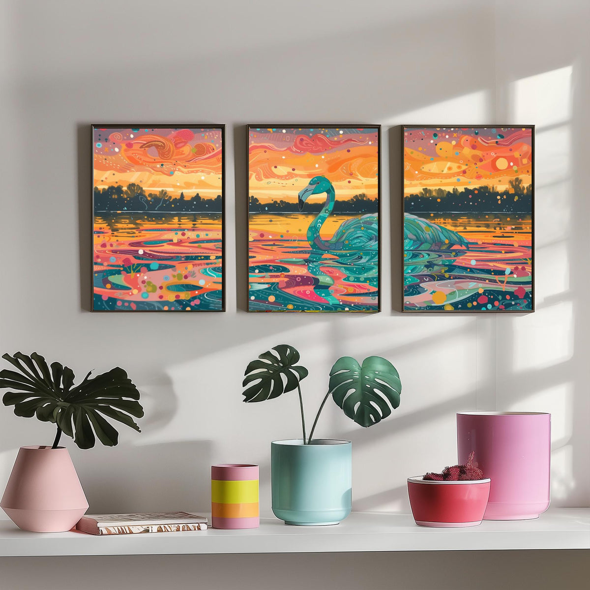 Teal Flamingo Set of Three Art Prints - 3 Bird Lake Sunset Posters - Turquoise Coral Boho Wildlife Painting Decor