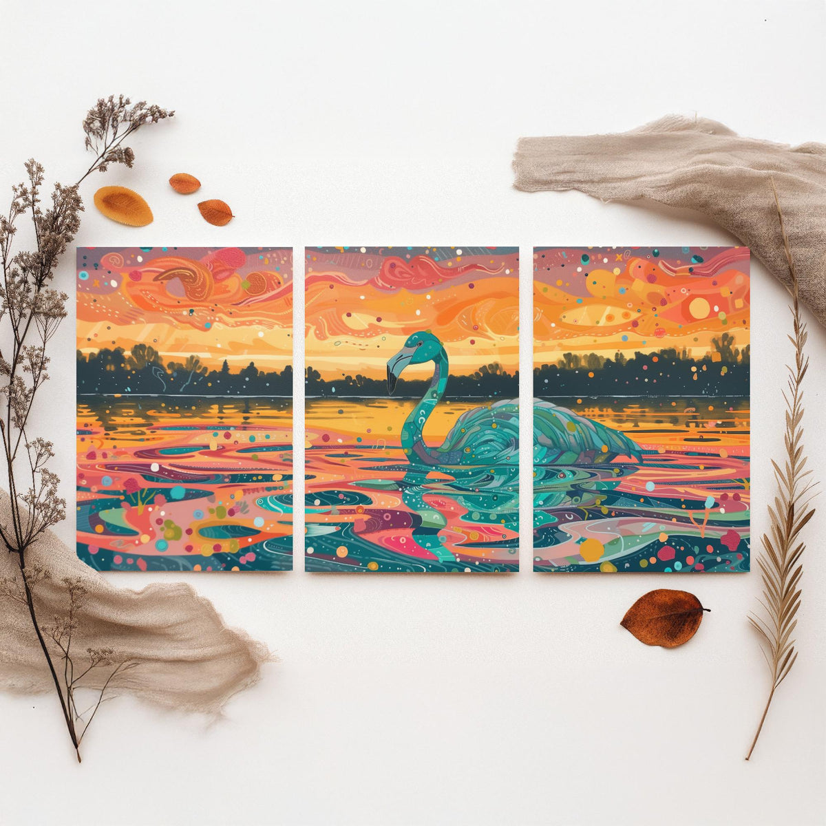 Teal Flamingo Set of Three Art Prints - 3 Bird Lake Sunset Posters - Turquoise Coral Boho Wildlife Painting Decor